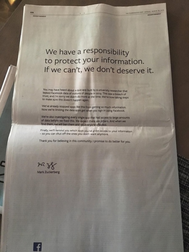 มาร์ก ซักเคอร์เบิร์ก ซื้อโฆษณาทั้งหน้าเพื่อกล่าวคำขอโทษแก่ผู้ใช้ Facebook